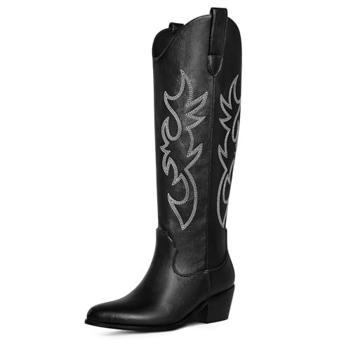 Cowgirl Boots Women Black Cowboy Boots Embroidered Pointed Toe Western Boot Chunky Heel Pull-On Wide Calf Botas Vaqueras (Black, Size 9) | Amazon (US)