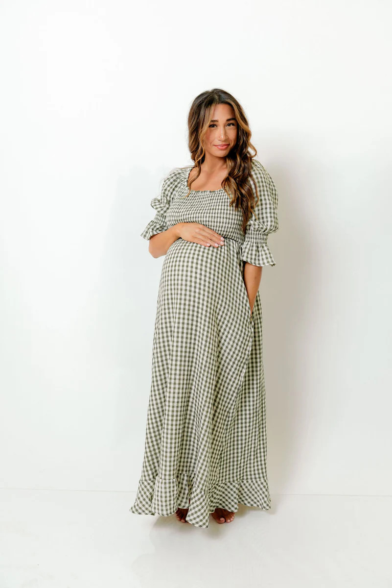 Sienna 100% Cotton Puff Sleeve Maxi Dress in Forest Plaid - Bump Frien | Worth Collective
