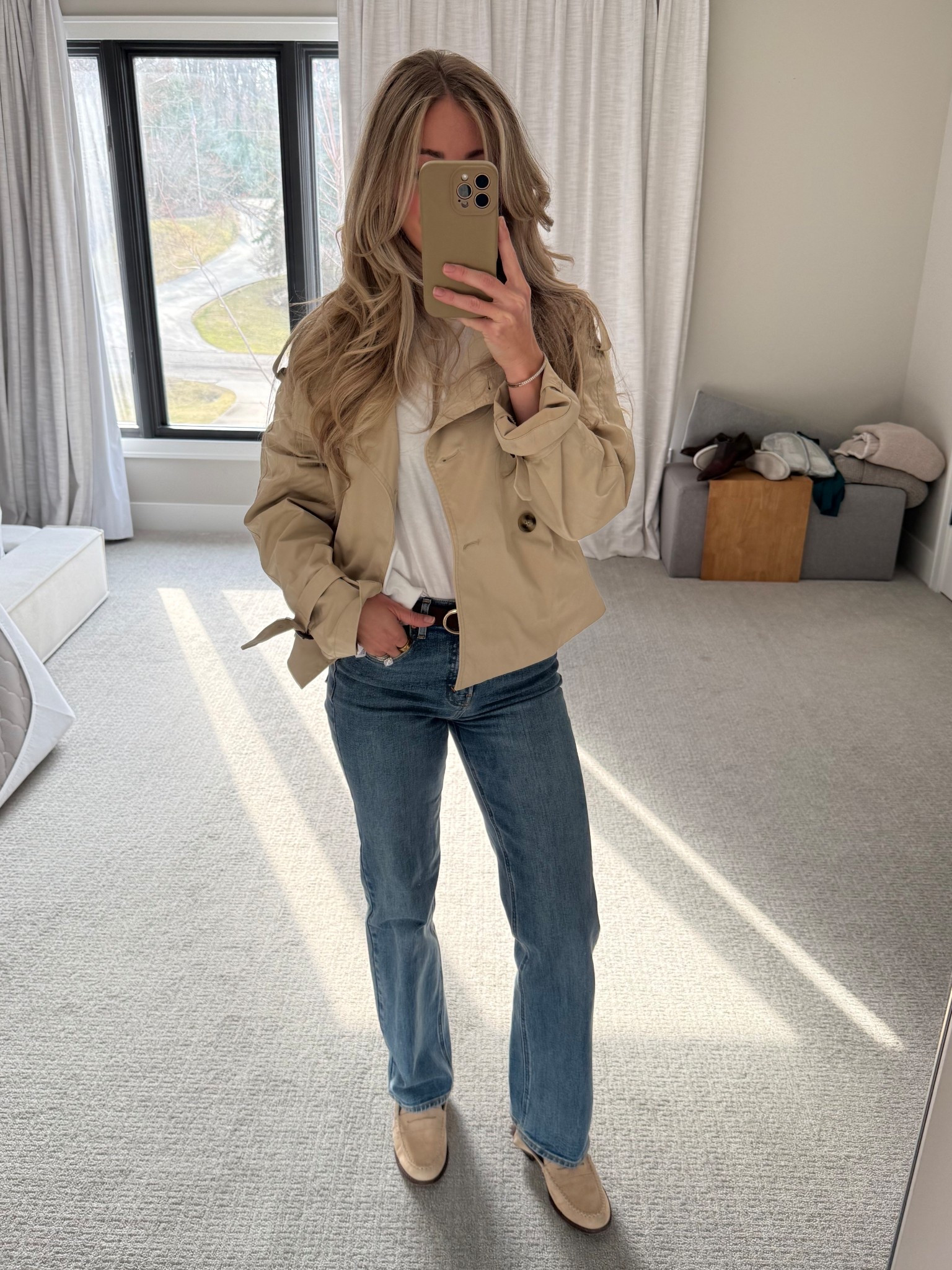 Cropped trench size small
perfect white t size small 
Brown suede Belt xs
Jeans size 25 tts 
Suede loafers tts 

#LTKFindsUnder100 #LTKSeasonal #LTKWorkwear