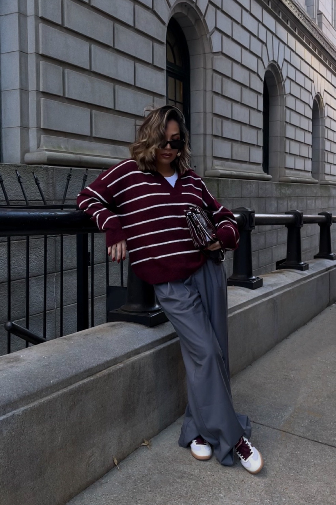 Fall outfits, burgundy sweater, grey trousers, shop cider, striped sweater, burgundy outfit 
