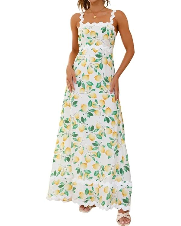 Women's Classy Sleeveless Lemon Print Maxi RIC Rac Dress | Amazon (US)