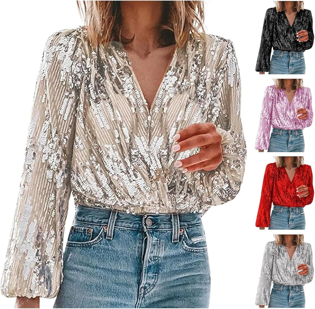 Sparkle Shirts for Women New Years Eve Shirt Sequin V Neck Long Sleeve Glitter Tops Elegant Holid... | Amazon (US)