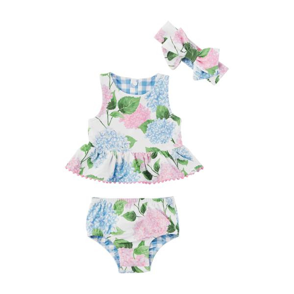 Hydrangea and Gingham Girl's Swimsuit Set | Mud Pie