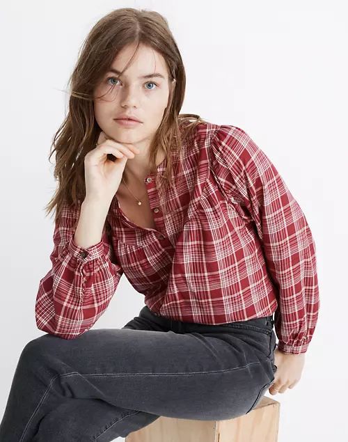 Balloon-Sleeve Peasant Top in Plaid | Madewell