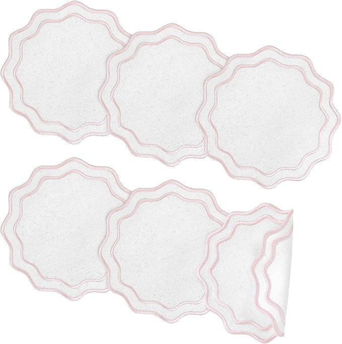Set of 6 Pink Cotton Linen Coasters 5.5 Inch Embroidery Scalloped Coasters Floral Drink Mats for ... | Amazon (US)