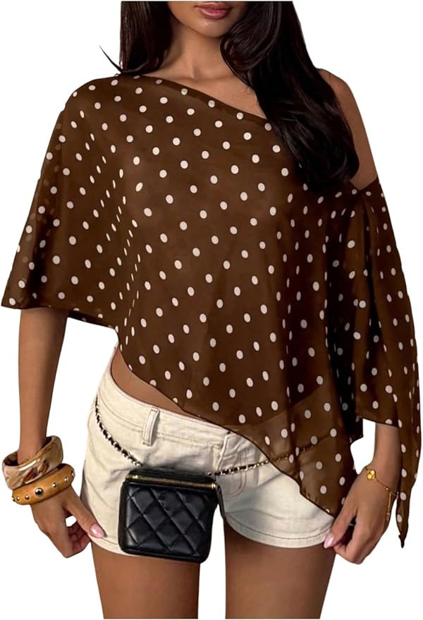 Verdusa Women's Polka Dots Poncho Top Asymmetrical Off The Shoulder T Shirt Spring Outfits | Amazon (US)