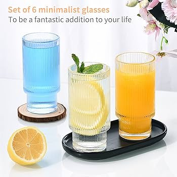 BJMEDYM Ribbed Glassware, Vintage Glassware 6pc Set, 12 oz Origami Style Glass Cup, Ripple Drinki... | Amazon (US)