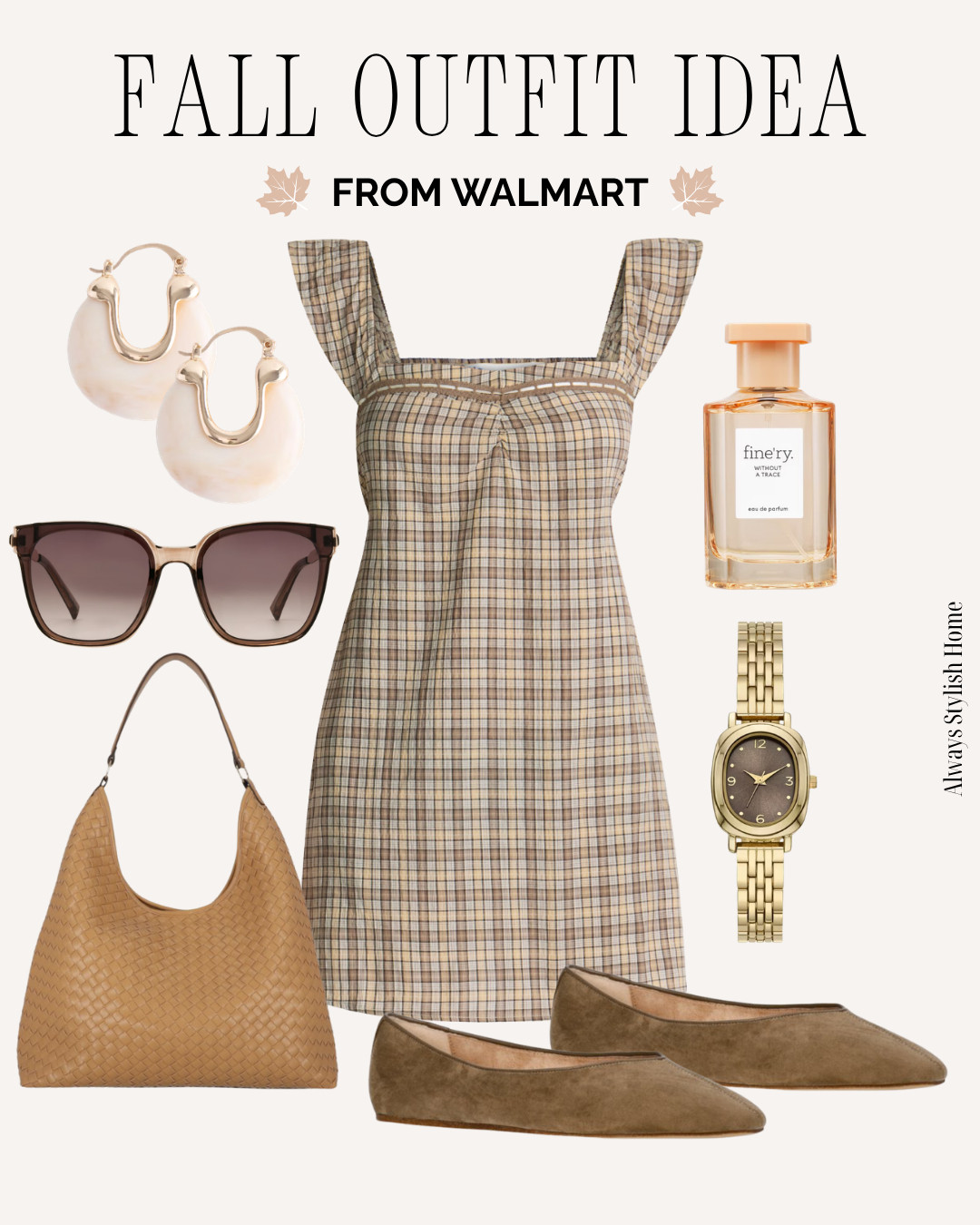 Walmart early fall outfit idea 🤍 plaid dress, suede flats, ballet flats, woven tote bag, designer inspired fashion, designer look for less, sunglasses, gold watch #walmartfashion #walmartnewarrivals #walmartfinds #walmartstyle #fallfashion #transitionalstyle #wearnowwearlater #affordablefashion #budgetfashion #everydaystyle #LTKootd
 

 #LTKgrwm #LTKootd #LTKSeasonal