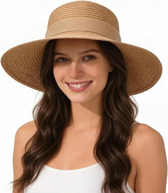 Sun Hats for Women UV Protection, Wide Brim Beach Straw Derby Hat Packable Floppy for Summer Vaca... | Amazon (US)
