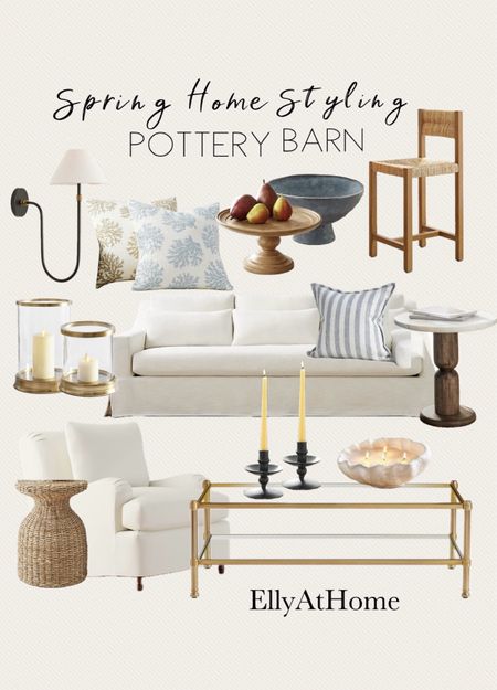 Spring to summer home styling at Pottery Barn. Shop neutral sofa, accent chair, Malibu kitchen counter stool, coastal side table, wood with marble side table, glass coffee table, sconce, candleholders in sale, clam shell candle. Coastal throw pillows, hurricane candleholders, bowls. Some selections on sale. Free shipping. 

#LTKsalealert #LTKfindsunder50 

#LTKhome