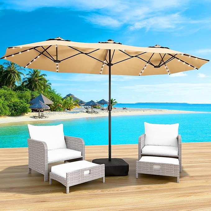 LEVELEVE 14FT Large Patio Patio Umbrella with Base & Solar LED Lights - Double-Sided,Kahaki | Amazon (US)