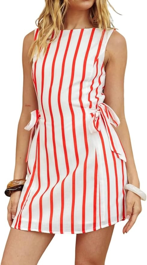 Woman's Casual Sleeveless Side Tie Mini Striped Dress | Amazon (US)
