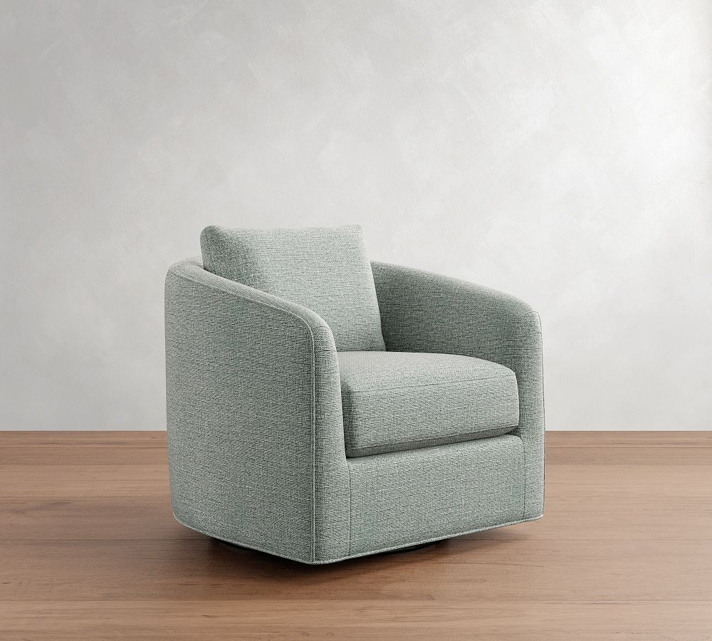 Remmy Upholstered Petite Swivel Armchair, Polyester Wrapped Cushions, Basketweave Slub Chambray | Pottery Barn (US)