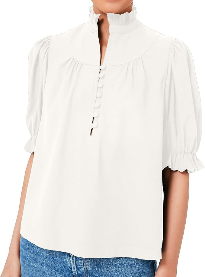 Womens 2024 Summer White Ruffle Stand Collar Tops Button-Down Shirt Puff Sleeves Blouse Dressy Ca... | Amazon (US)