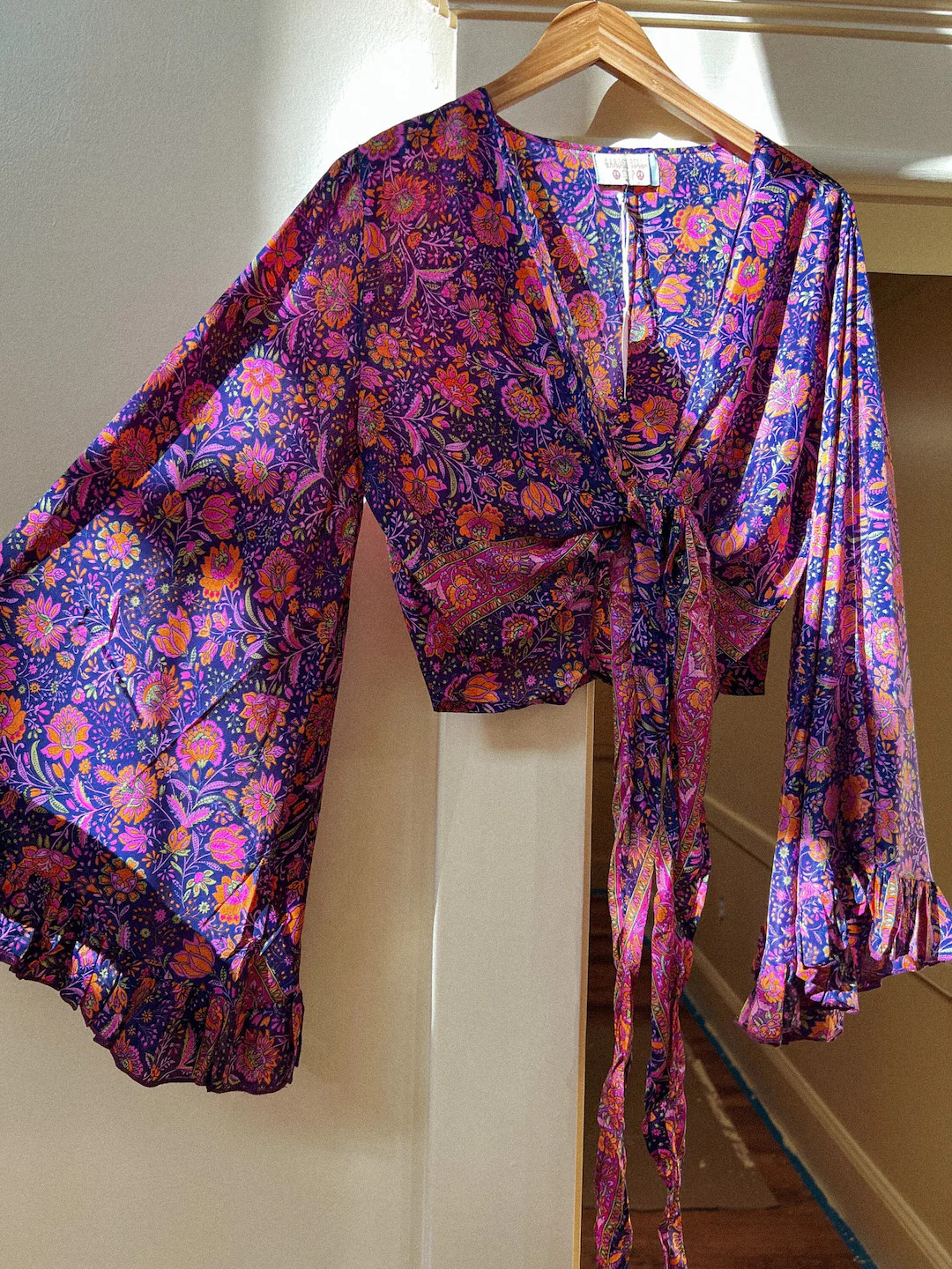 3-way Bell Sleeve Tie Front Hippie Flower Boho Wrap Top, 70s Style Clothing, Silk Retro Eco Top, ... | Etsy (US)