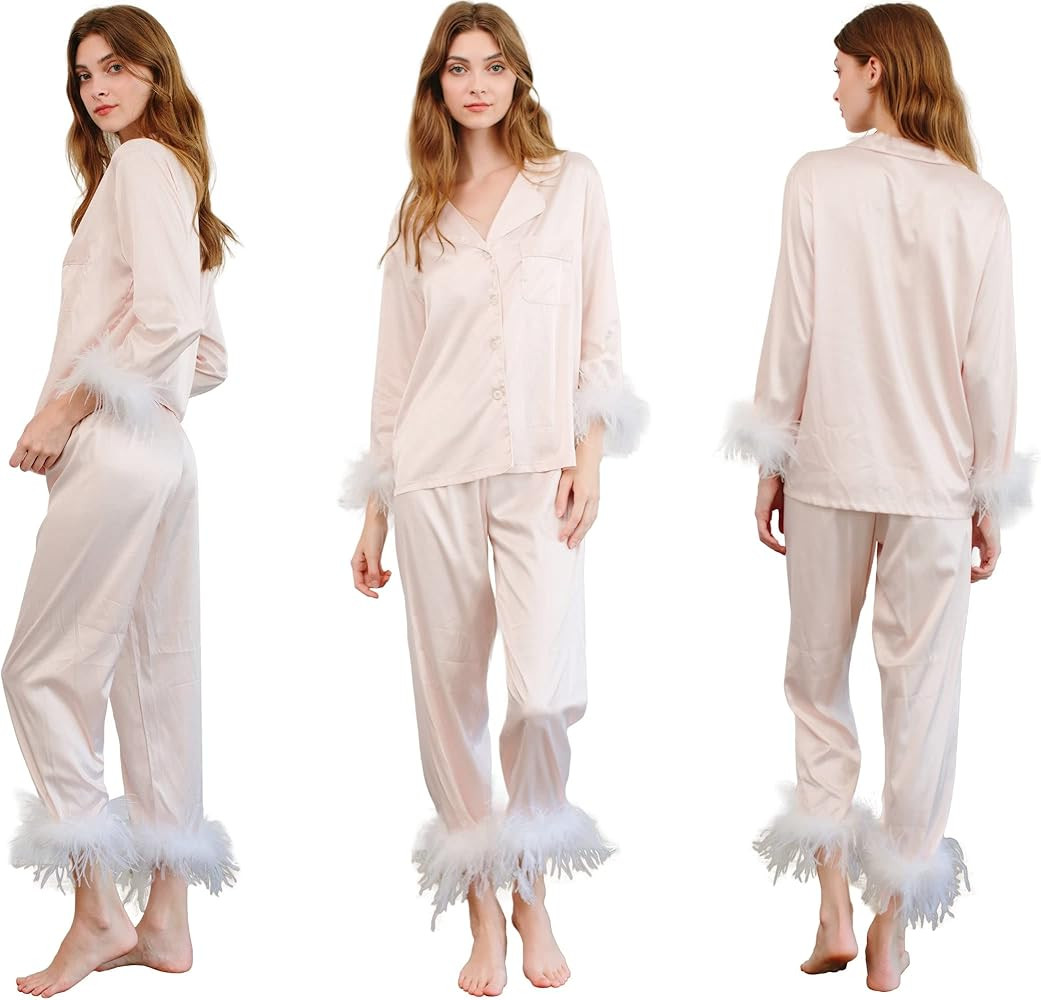 Queens Bridal Feather Trim Pajama Set for Women Satin Silk Long Sleeve Top With Pants Sleepwear B... | Amazon (US)