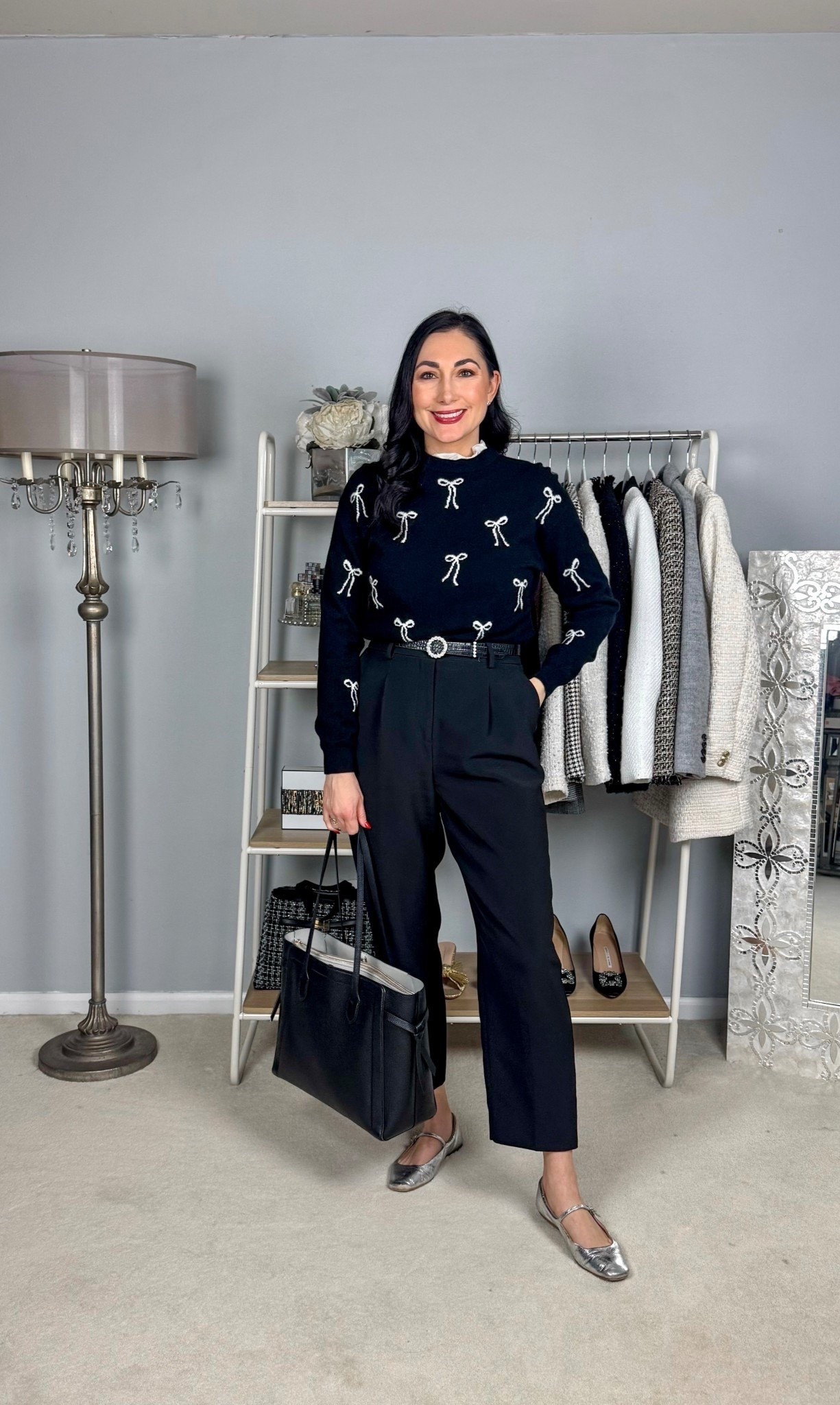 Classic business casual work outfit 🖤🤍

Cashmere bow sweater size small, TTS
Black crepe dress pants size 4 curvy, TTS
Silver Mary Jane flats size 7, TTS

Work wear 
Office outfit 


#LTKWorkwear #LTKSeasonal #LTKHoliday