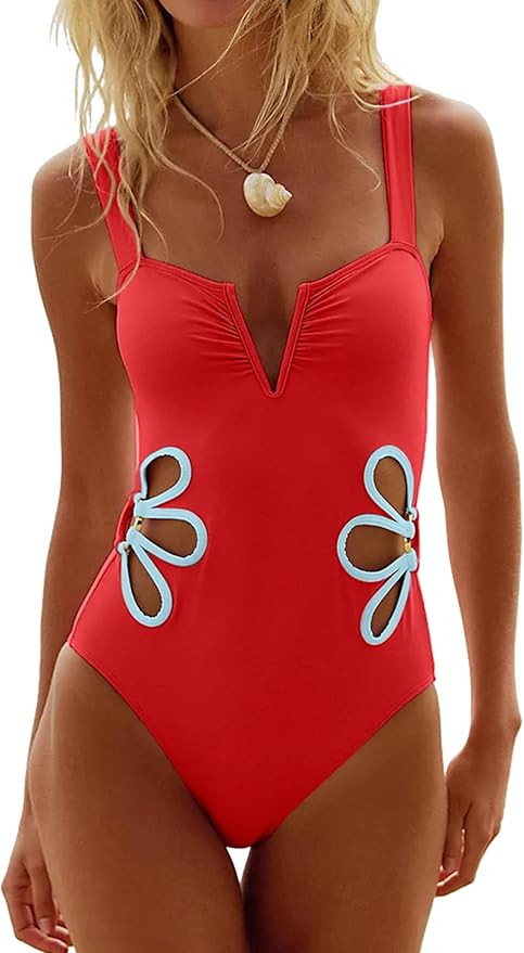 seamoly One Piece Swimsuit Women Slimming Floral Cut Out Color Block Bathing Suit Ruched Cheeky 1... | Amazon (US)