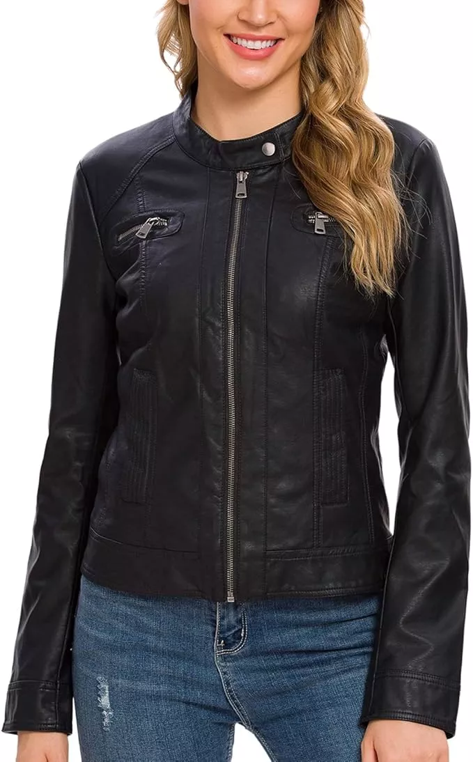 Fahsyee Women's Zip Up Faux Leather Jacket