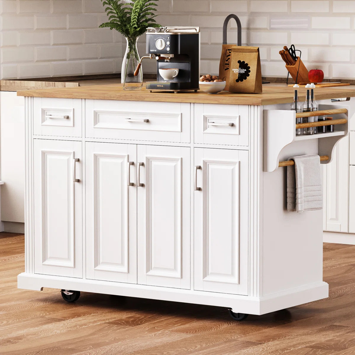 Fancy & Rustic Large Kitchen Island With Rubber Wood Drop Leaf - Embossed Texture Rolling Kitchen... | Wayfair North America