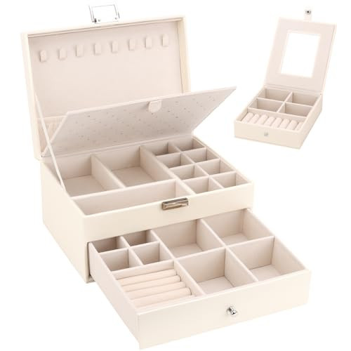 DesignSter Jewelry Organizer Box, 2 Layers Large Jewelry Box with Travel Jewelry Case, Leather Jewelry Storage Case for Rings Earrings Bracelets Necklaces (Beige) | Amazon (US)