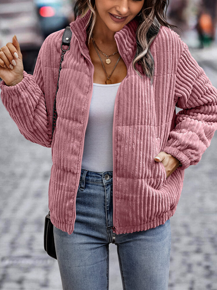 Slant Pocket Corduroy Puffer Coat | SHEIN