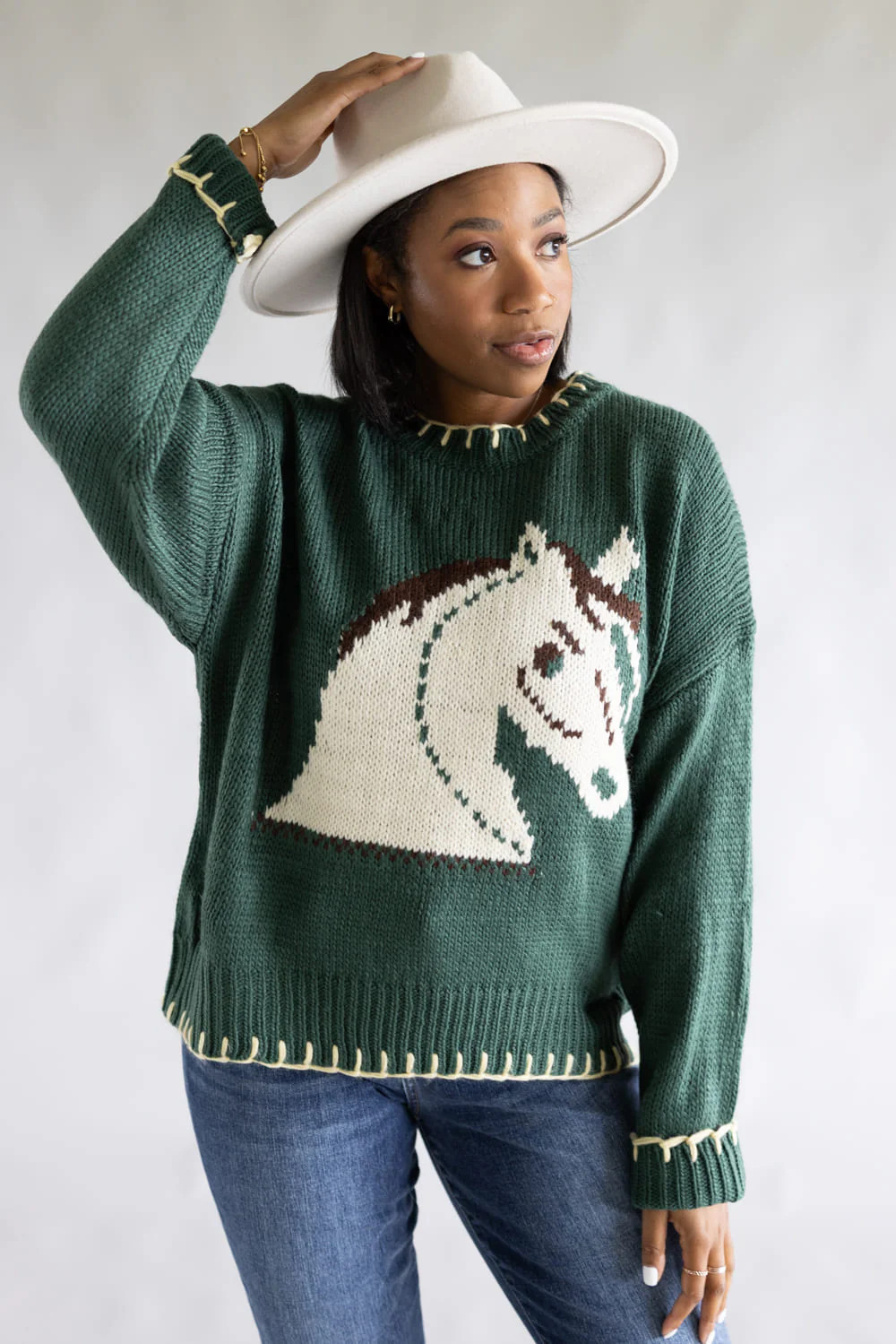 Bailey Rose Horse Stitch Sweater for Women in Green | BRW2936-6-GREEN | Glik's