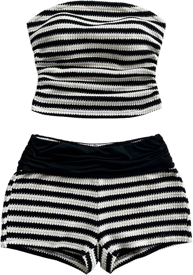 GORGLITTER Women's Striped Tube Tops Sets Sexy Summer Birthday Vacation Outfits Strapless Two 2 P... | Amazon (US)