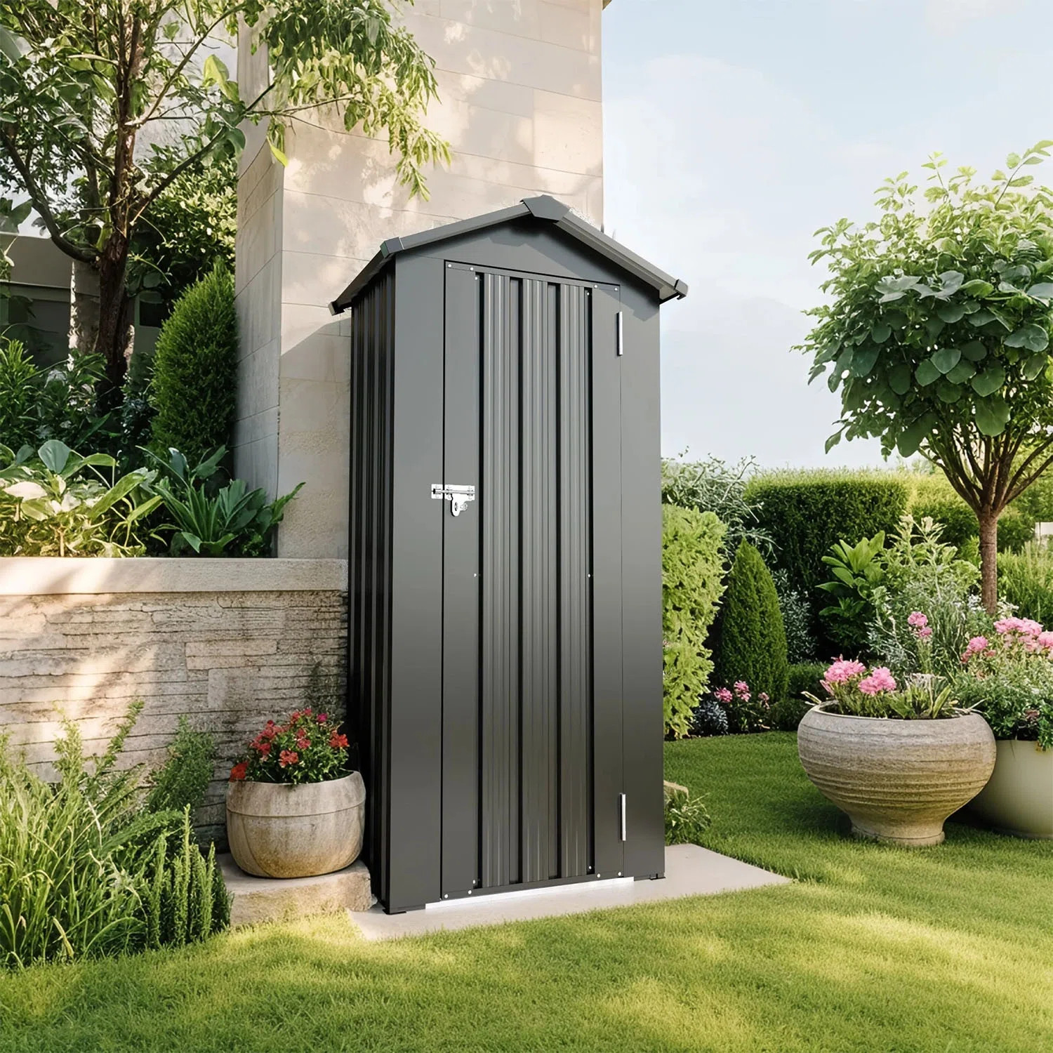 Waterproof Outdoor Storage Cabinet With Shelves, Lockable Metal Tool Shed | Wayfair North America