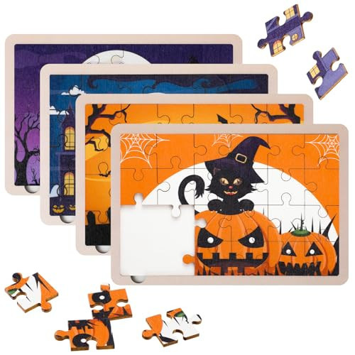 WinnerWhy 4 Pack 96 Pcs Halloween Wooden Puzzles Halloween Jigsaw Puzzles Halloween Toys Halloween Party Favors Gifts for Boys and Girls Treat Bags Classroom Reward Activities Gifts | Amazon (US)
