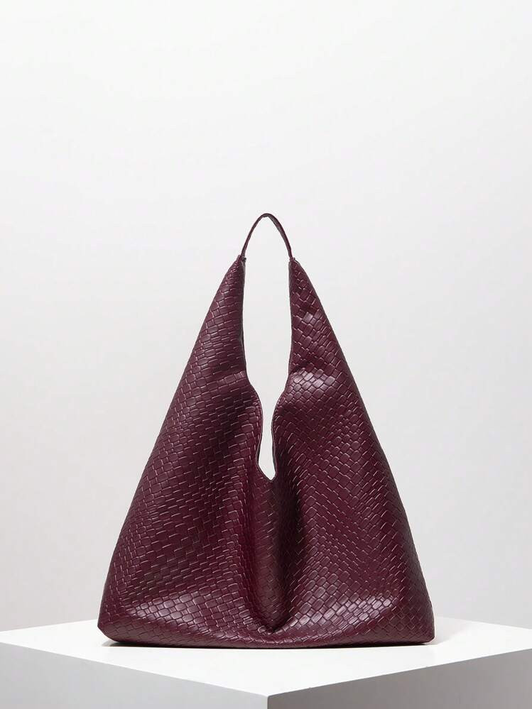 Vintage Woven PU Leather Shoulder Bag, Large Capacity Tote Bag, Burgundy Purse, Christmas Gifts F... | SHEIN