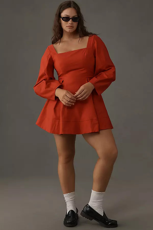 Maeve Long-Sleeve Square-Neck Pleated Mini Dress | Anthropologie (US)