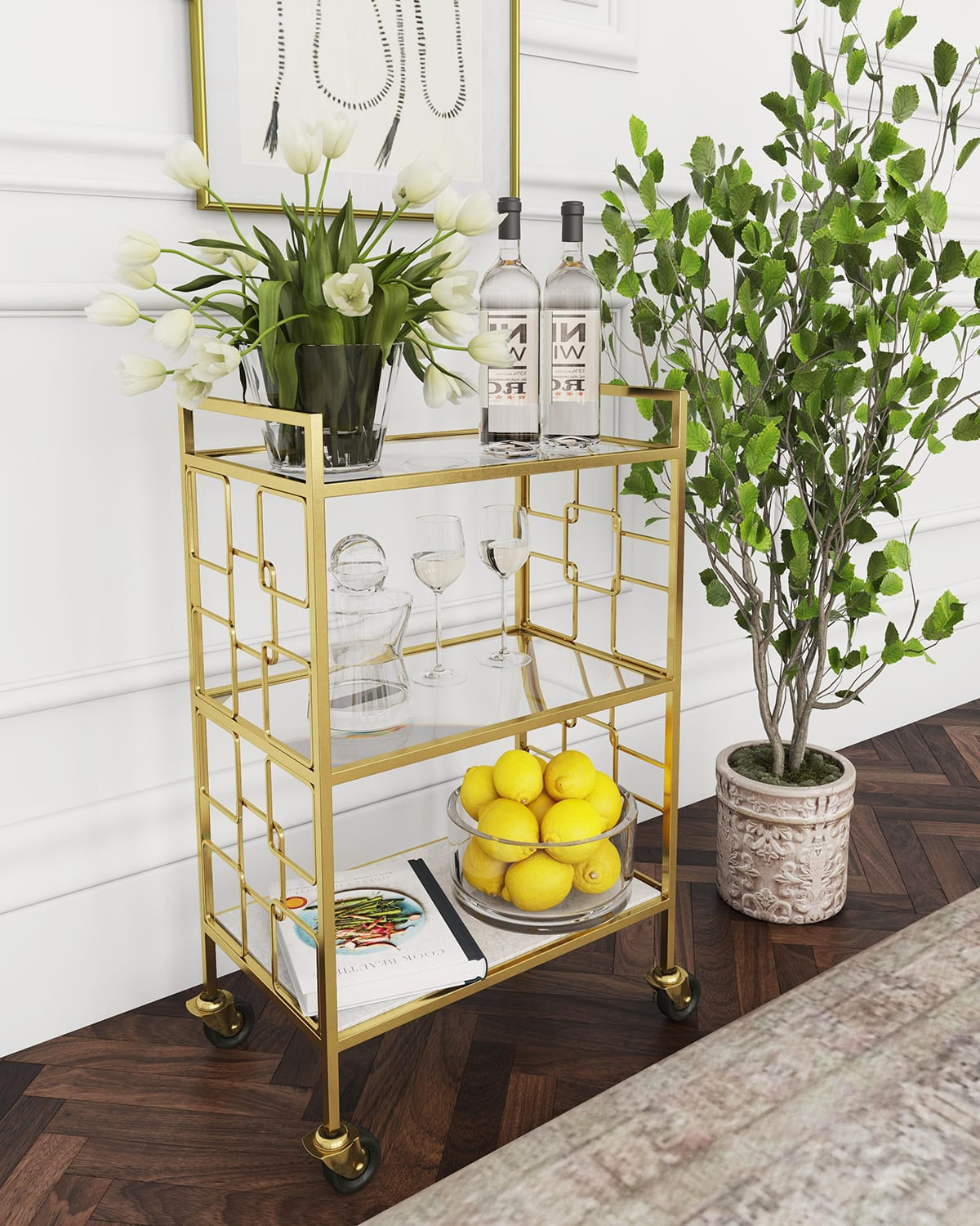 Aldridge Polished Gold Bar Cart | Horchow