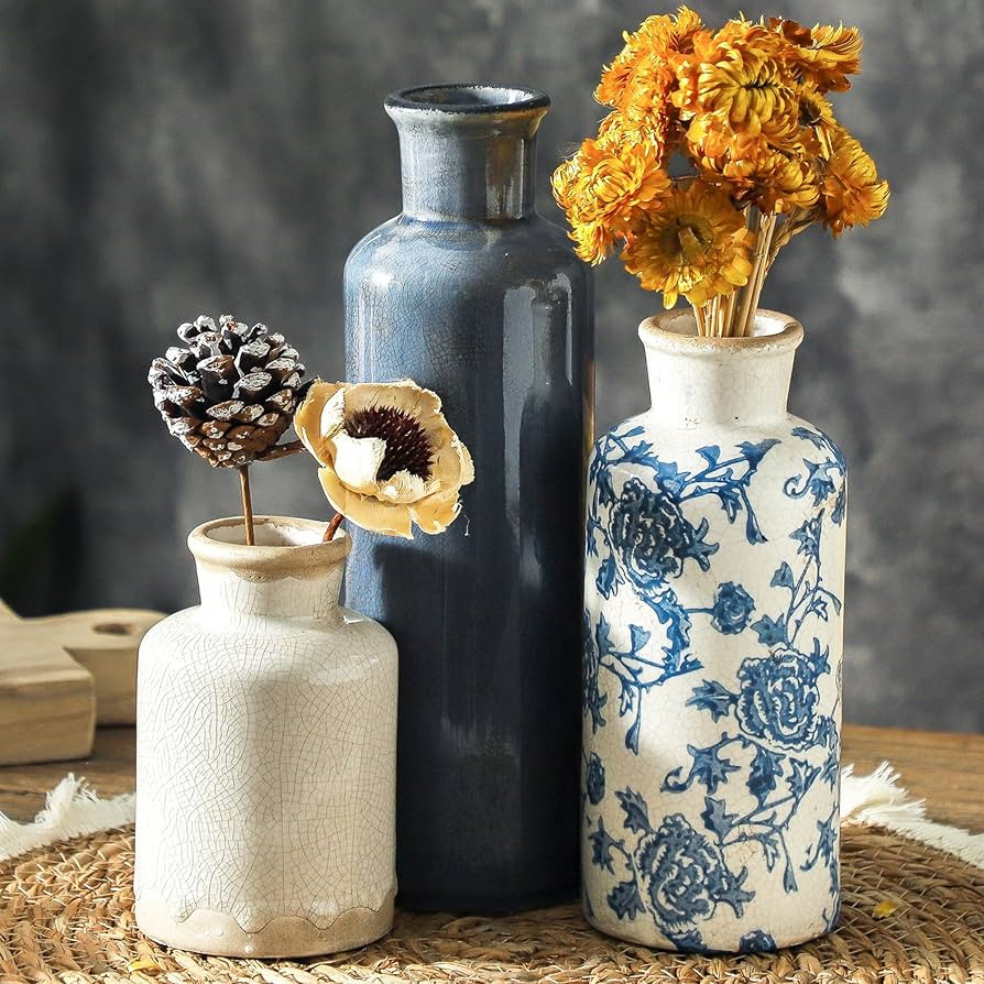 ooit Ceramic Vintage Vases Set of 3, Blue and White Flower Decorative Vase Chinoiserie Decor Rust... | Amazon (US)