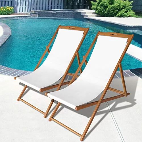 Beach Sling Chair Set Patio Lounge Chair Outdoor Reclining Beach Chair Wooden Folding Adjustable ... | Walmart (US)