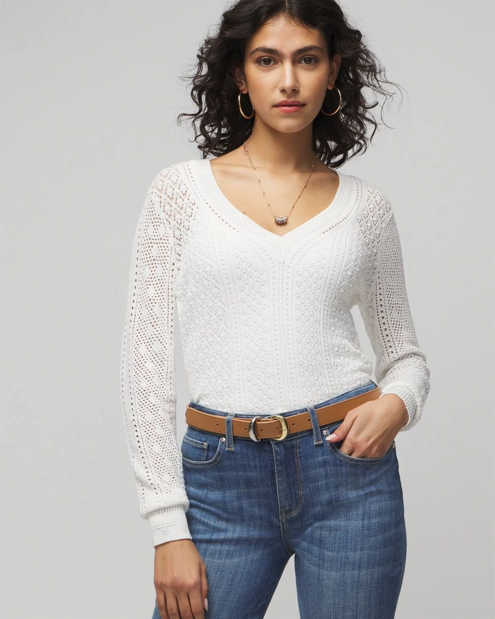 Long Sleeve Pointelle V-Neck Pullover | White House Black Market