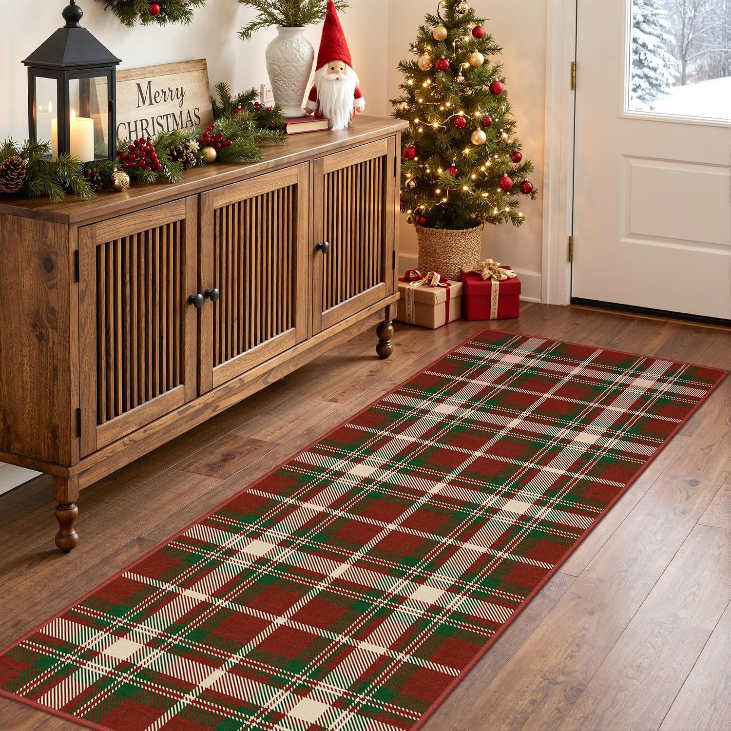 GENIMO 2x5 Christmas Washable Runner Rug Hallway Entryway Red Plaid Mat | Amazon (US)