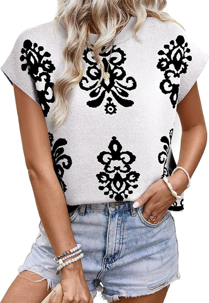 Dokotoo Women’s Sweater Vest Summer Casual Crewneck Knit Pullover Tops Lightweight Boho Printed... | Amazon (US)