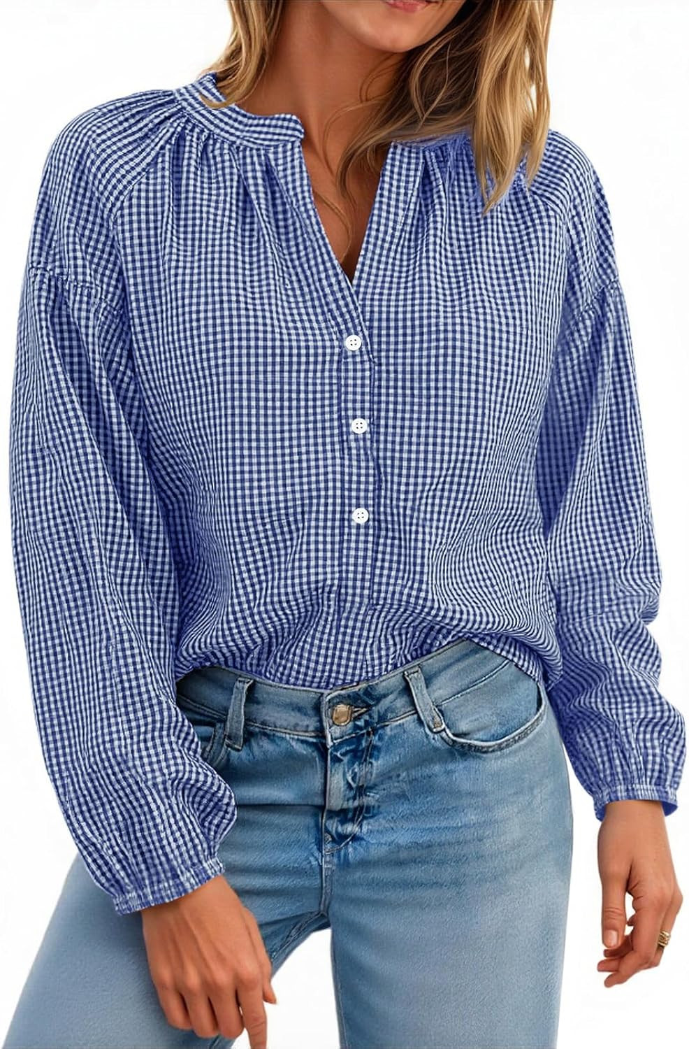 Cicy Bell Womens Gingham Blouse Puff Long Sleeve Plaid Shirts Loose Fit Top | Amazon (US)