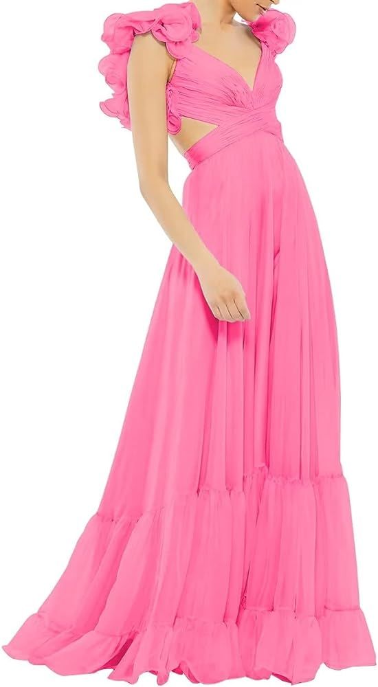 Lawrncedw Chiffon Ruffle Prom Dresses for Women V Neck Long Bridesmaid Dresses Backless Formal Ev... | Amazon (US)