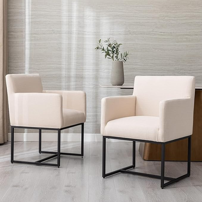 Linen Upholstered Dining Chairs with Arms Set of 2 Mid Century Modern Accent Chairs Armchairs wit... | Amazon (US)