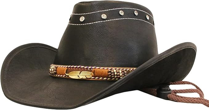 Retro Mens Cowboy Hat Leather Roll Up Wide Brim with Leaf Trim Gentleman Cowgirl Sun Cap Beach We... | Amazon (US)
