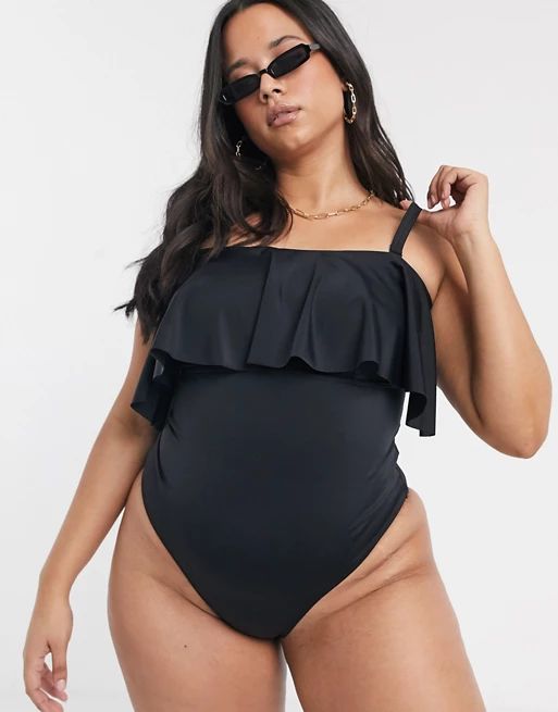 ASOS DESIGN recycled curve bandeau overlay frill swimsuit in black | ASOS (Global)