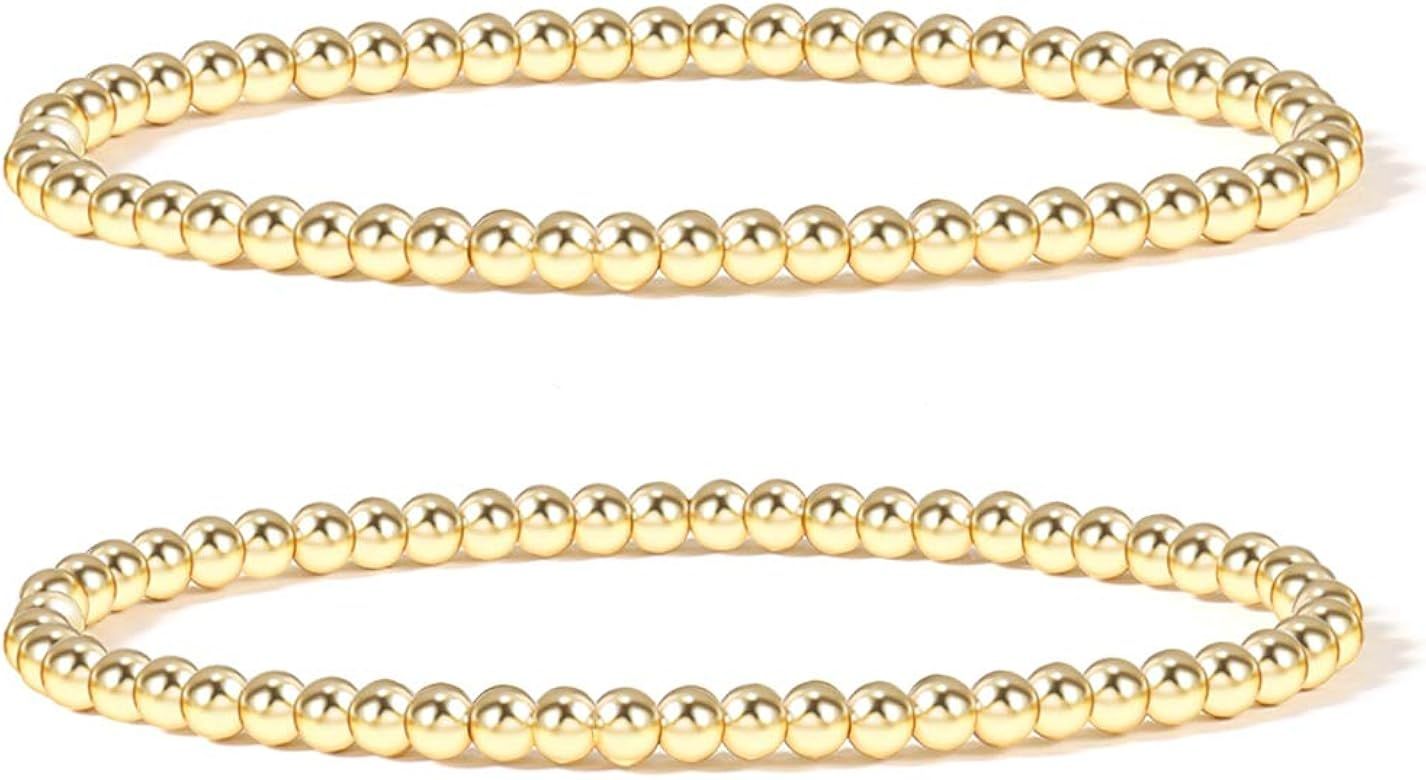 Gold Beaded Bracelets for Women,14K Gold Plated Bead Ball Bracelet Stretchable Elastic Bracelet | Amazon (US)