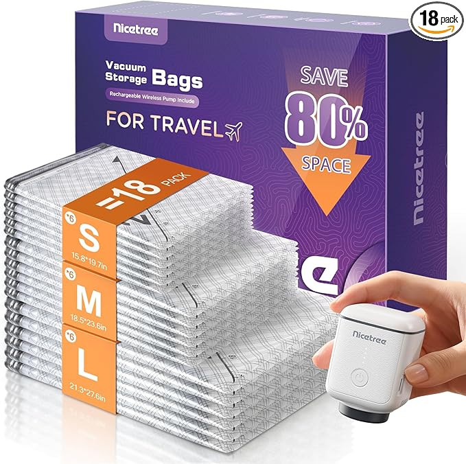 Nicetree 18-Pack Vacuum Seal Bags with Rechargeable Wireless Pump | 3 Sizes (20/24/28 Inch) Trave... | Amazon (US)