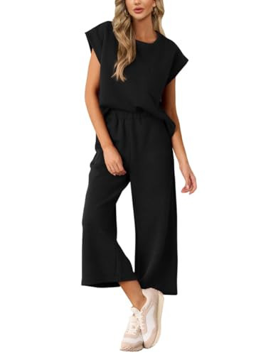 AGSEEM Two Piece Sets for Women Black Short Sleeve Lounge Sets Cropped Pants Beach Vacation Essentials Women's Clothing,S | Amazon (US)