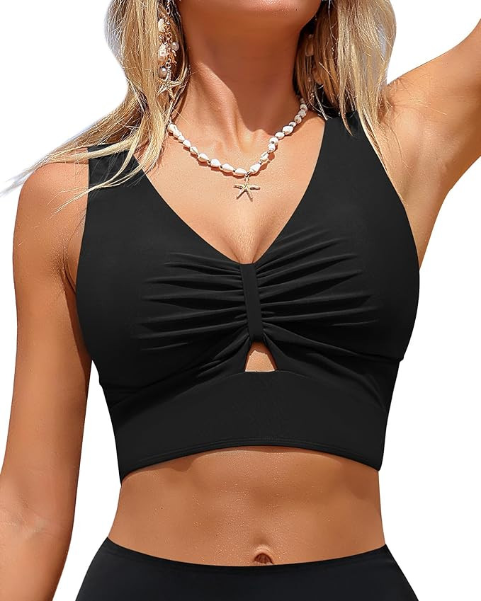 GRAPENT Bikini Tops for Women Cropped Tankini Tops Beach Ruched Knot Cut Out Padded Adjustable Sw... | Amazon (US)