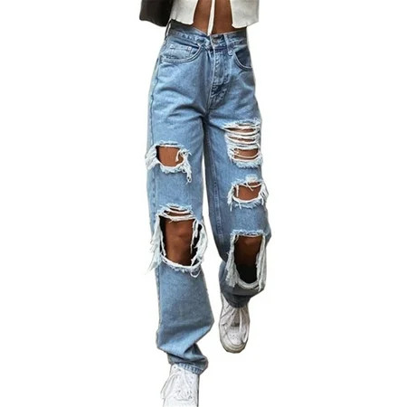Miarhb Ladies High Waist Ripped Stretch Loose Jeans Women Button Pocket Elastic Hole Trousers Pants | Walmart (US)