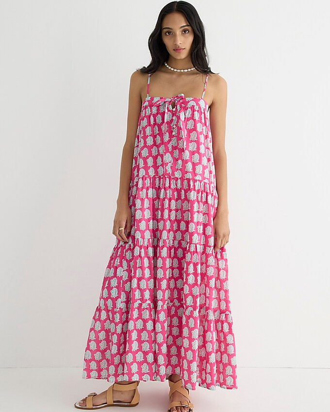 SZ Blockprints™ X J.Crew tie-front tiered maxi dress in bright-pink paisley | J. Crew US