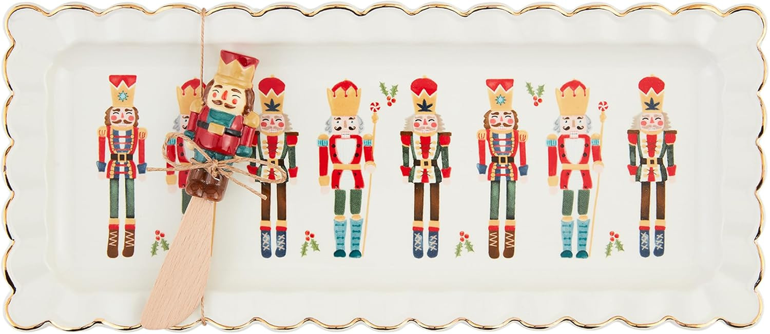 Mud Pie Nutcracker Hostess Set; tray 6" x 14" | napkin 5" x 5" | spreader 5" | Amazon (US)